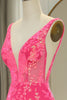 Load image into Gallery viewer, Sparkly Fuchsia Mermaid V Neck Long Formal Dress With Sequined Appliques