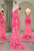 Load image into Gallery viewer, Sparkly Fuchsia Mermaid V Neck Long Formal Dress With Sequined Appliques