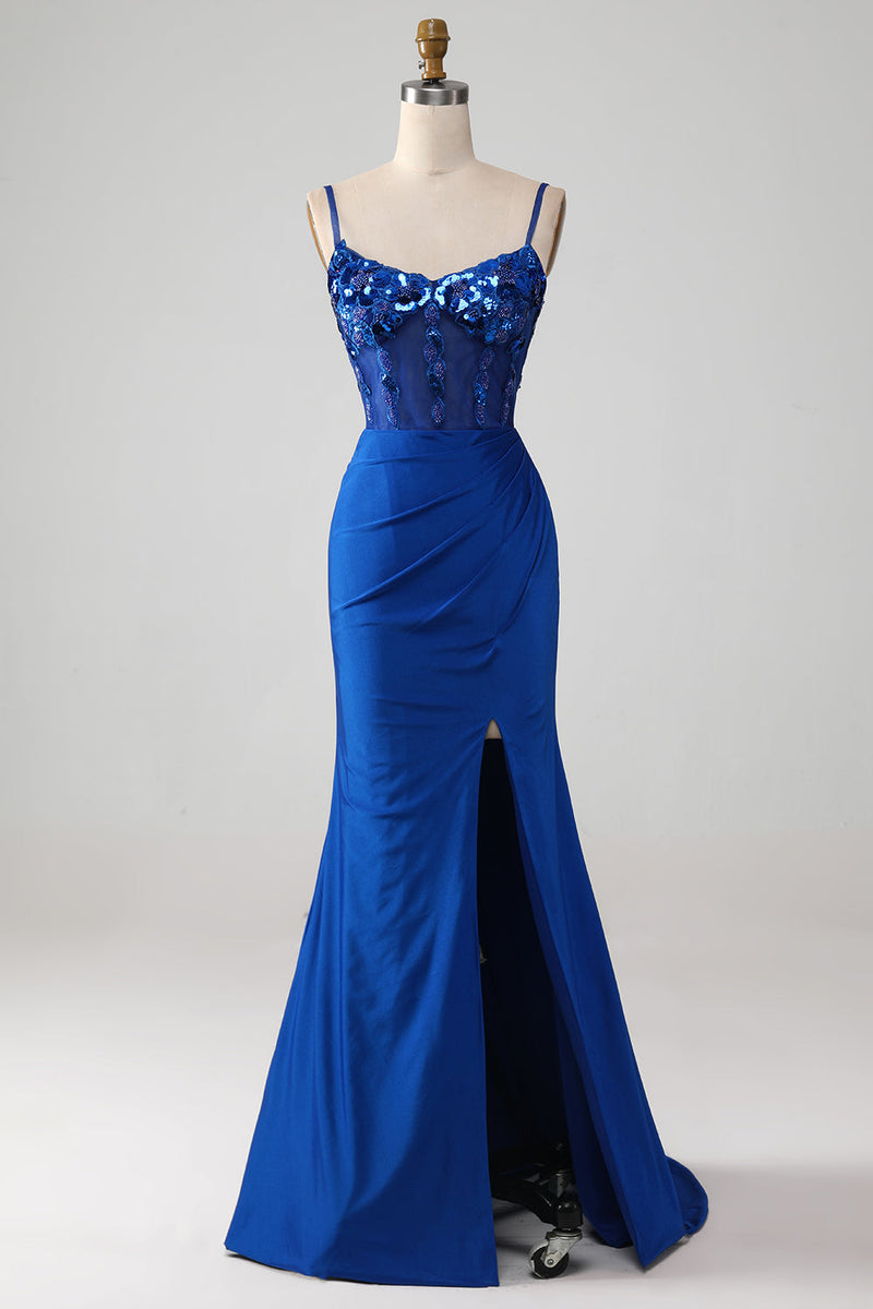 Load image into Gallery viewer, Beaded Royal Blue Corset Formal Dress with Slit