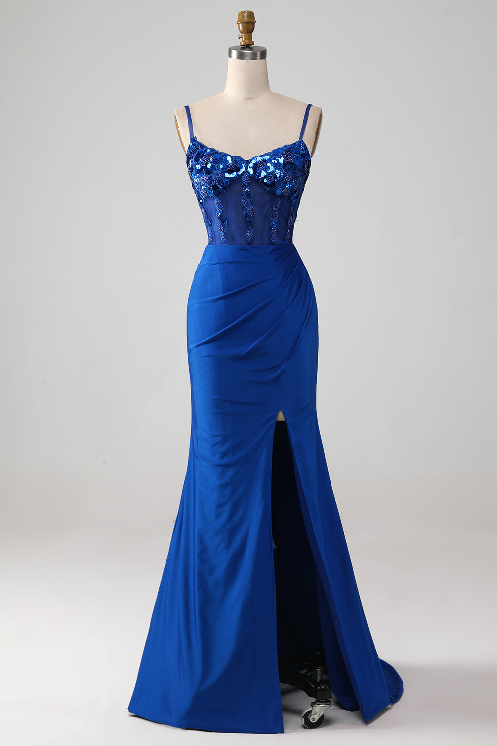 Beaded Royal Blue Corset Formal Dress with Slit