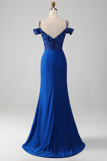 Beaded Royal Blue Corset Formal Dress with Slit