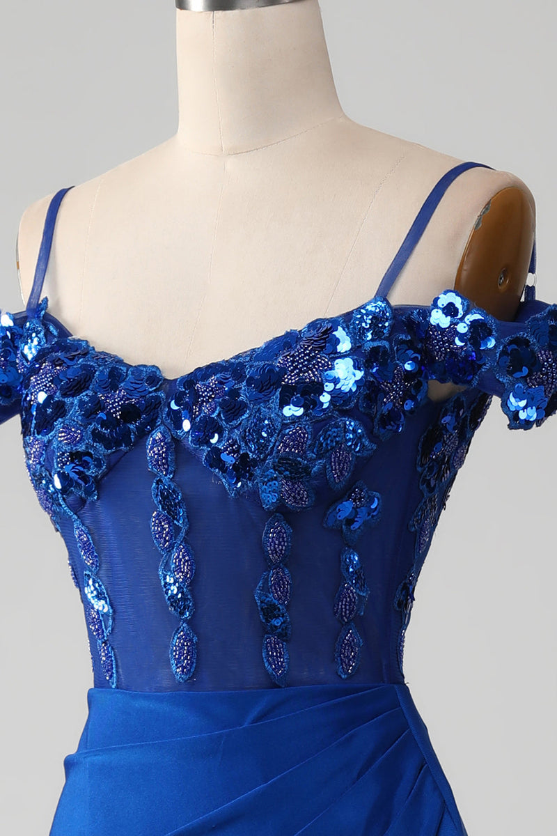 Load image into Gallery viewer, Beaded Royal Blue Corset Formal Dress with Slit