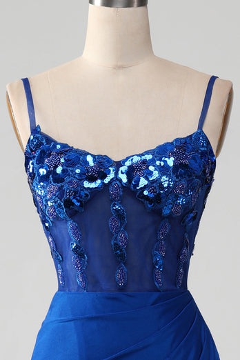 Beaded Royal Blue Corset Formal Dress with Slit