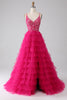 Load image into Gallery viewer, Fuchsia Princess A-Line Spaghetti Straps Sequin Tiered Long Formal Dress with Slit