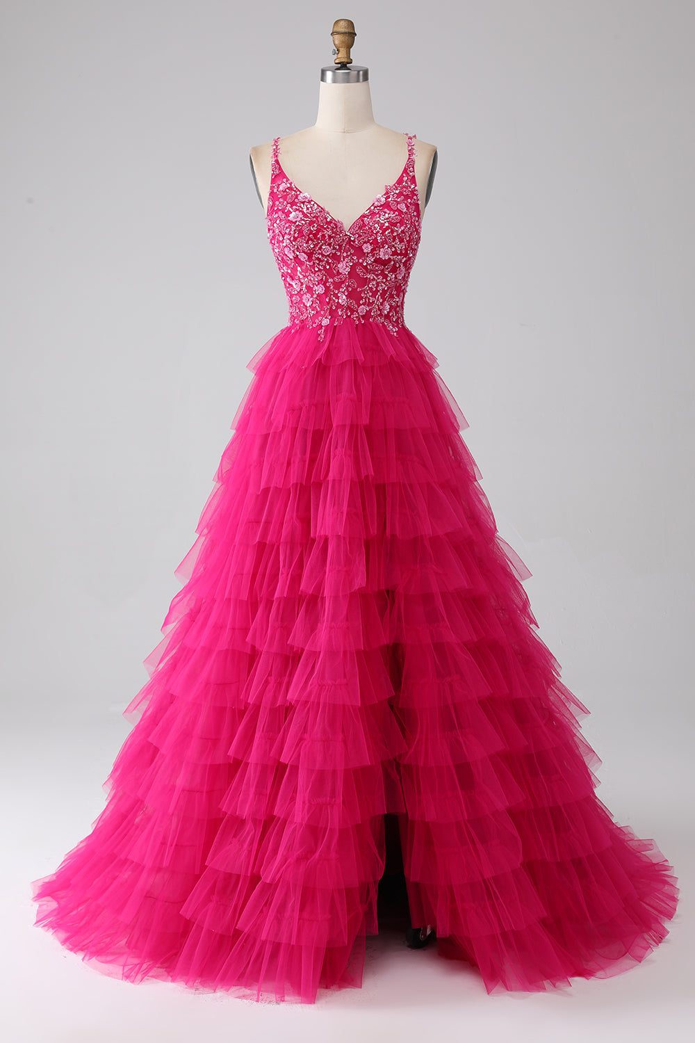 Fuchsia Princess A-Line Spaghetti Straps Sequin Tiered Long Formal Dress with Slit