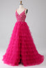 Load image into Gallery viewer, Fuchsia Princess A-Line Spaghetti Straps Sequin Tiered Long Formal Dress with Slit