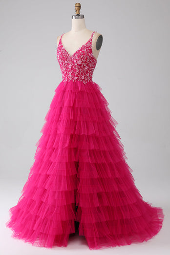 Fuchsia Princess A-Line Spaghetti Straps Sequin Tiered Long Formal Dress with Slit