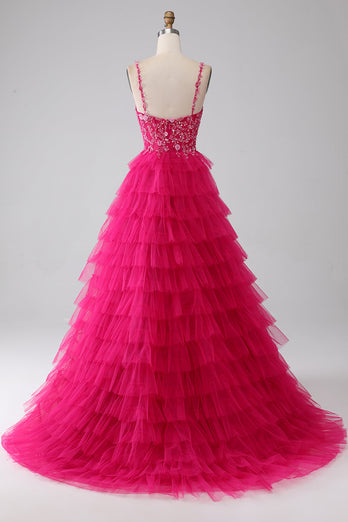 Fuchsia Princess A-Line Spaghetti Straps Sequin Tiered Long Formal Dress with Slit