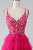 Load image into Gallery viewer, Fuchsia Princess A-Line Spaghetti Straps Sequin Tiered Long Formal Dress with Slit