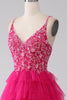 Load image into Gallery viewer, Fuchsia Princess A-Line Spaghetti Straps Sequin Tiered Long Formal Dress with Slit