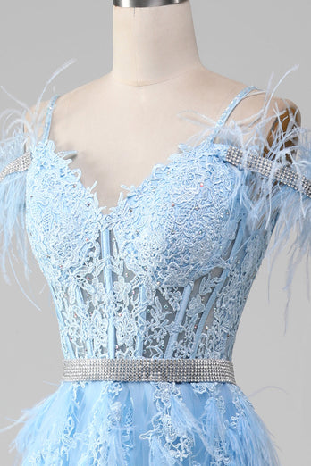 Light Blue A-Line Rhinestones Accents Corset Long Formal Dress With Appliques