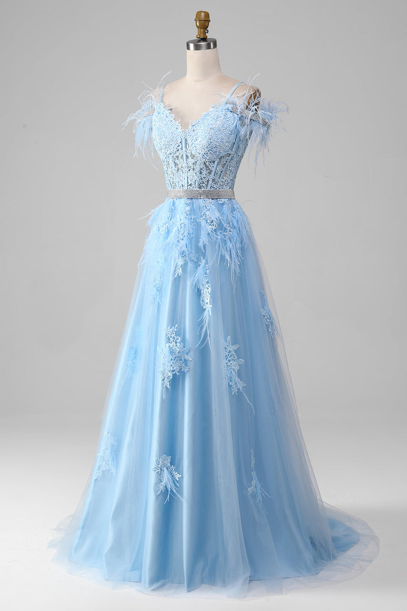 Load image into Gallery viewer, Light Blue A-Line Rhinestones Accents Corset Long Formal Dress With Appliques