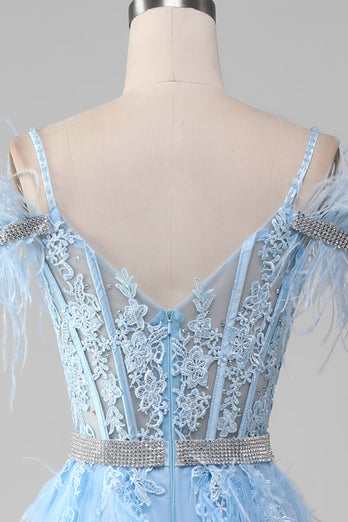 Light Blue A-Line Rhinestones Accents Corset Long Formal Dress With Appliques