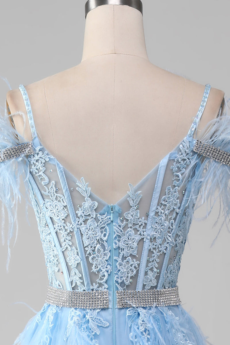 Load image into Gallery viewer, Light Blue A-Line Rhinestones Accents Corset Long Formal Dress With Appliques