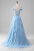 Load image into Gallery viewer, Light Blue A-Line Rhinestones Accents Corset Long Formal Dress With Appliques