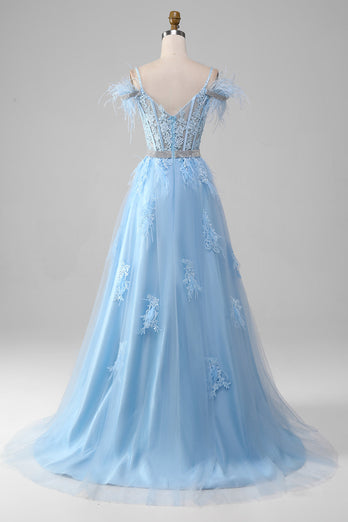 Light Blue A-Line Rhinestones Accents Corset Long Formal Dress With Appliques