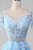 Load image into Gallery viewer, Light Blue A-Line Rhinestones Accents Corset Long Formal Dress With Appliques