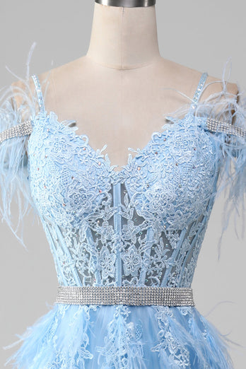 Light Blue A-Line Rhinestones Accents Corset Long Formal Dress With Appliques