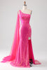 Load image into Gallery viewer, Sparkly Fuchsia Mermaid One Shoulder Long Corset Formal Dress With Slit