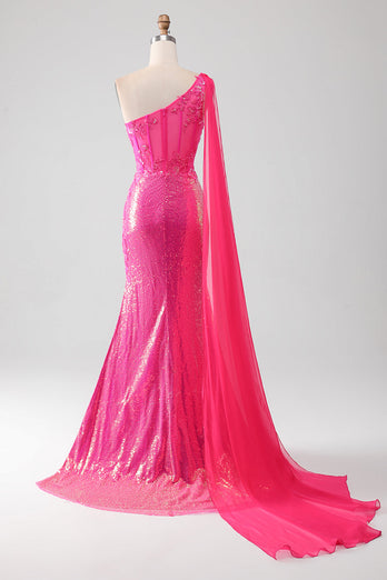 Sparkly Fuchsia Mermaid One Shoulder Long Corset Formal Dress With Slit