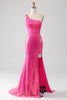 Load image into Gallery viewer, Sparkly Fuchsia Mermaid One Shoulder Long Corset Formal Dress With Slit