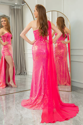 Sparkly Fuchsia Mermaid One Shoulder Long Corset Formal Dress With Slit