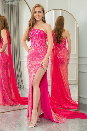 Sparkly Fuchsia Mermaid One Shoulder Long Corset Formal Dress With Slit