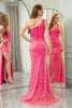 Load image into Gallery viewer, Sparkly Fuchsia Mermaid One Shoulder Long Corset Formal Dress With Slit