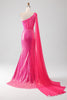 Load image into Gallery viewer, Sparkly Fuchsia Mermaid One Shoulder Appliques Long Formal Dress With Slit