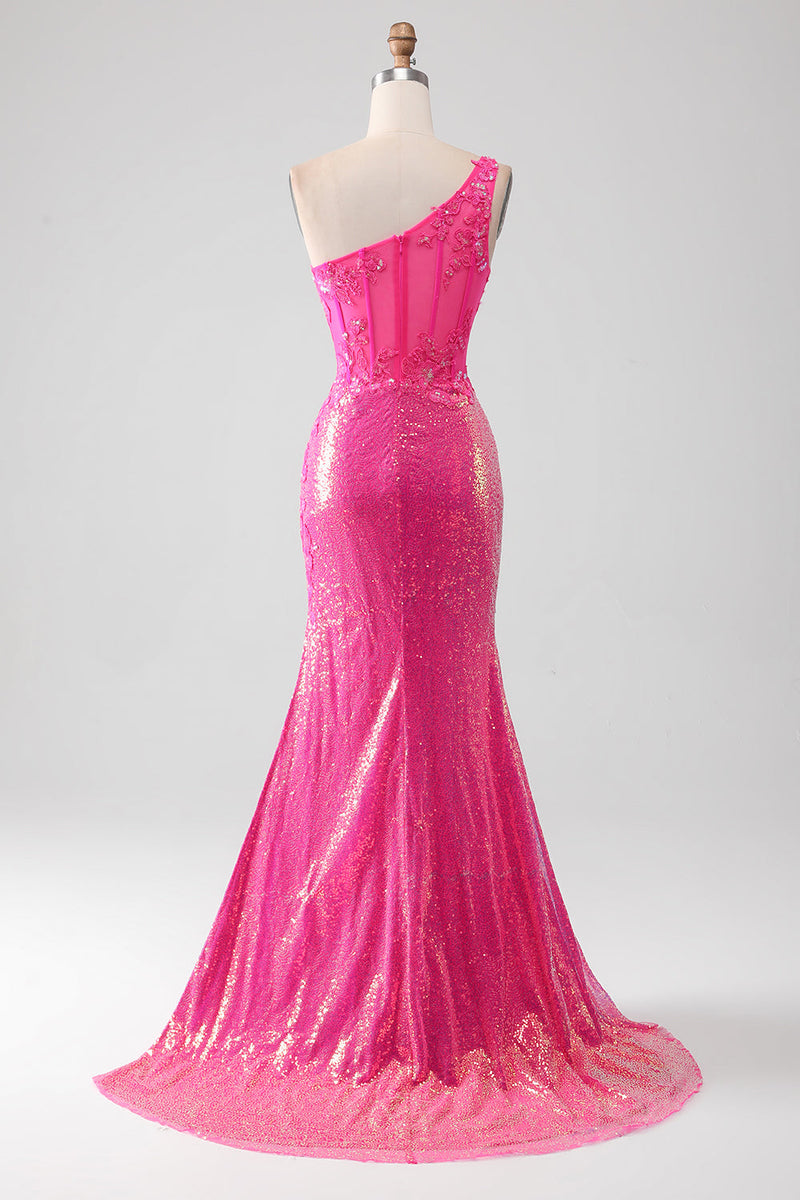 Load image into Gallery viewer, Sparkly Fuchsia Mermaid One Shoulder Appliques Long Formal Dress With Slit