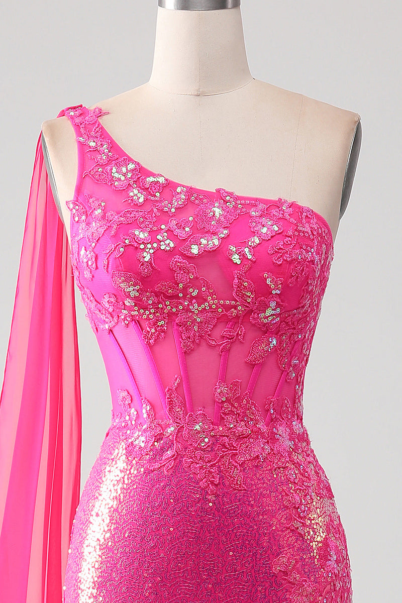 Load image into Gallery viewer, Sparkly Fuchsia Mermaid One Shoulder Appliques Long Formal Dress With Slit