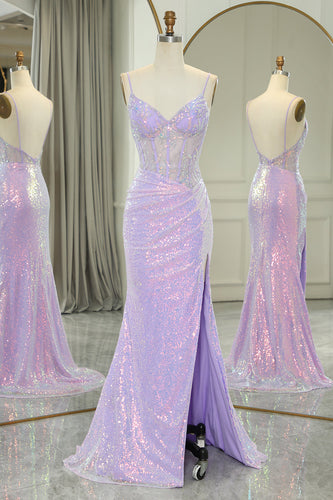 Glitter Light Purple Mermaid Backless Long Corset Formal Dress With Slit