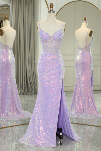 Glitter Light Purple Mermaid Backless Long Corset Formal Dress With Slit