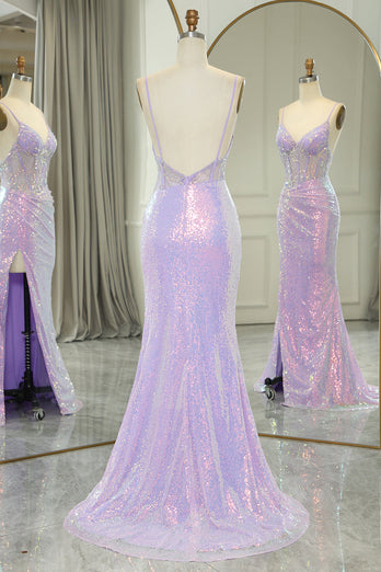 Glitter Light Purple Mermaid Backless Long Corset Formal Dress With Slit