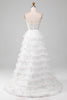 Load image into Gallery viewer, White A-Line Sparkly Sequin Ruffle Skirt Corset Formal Dress With Slit