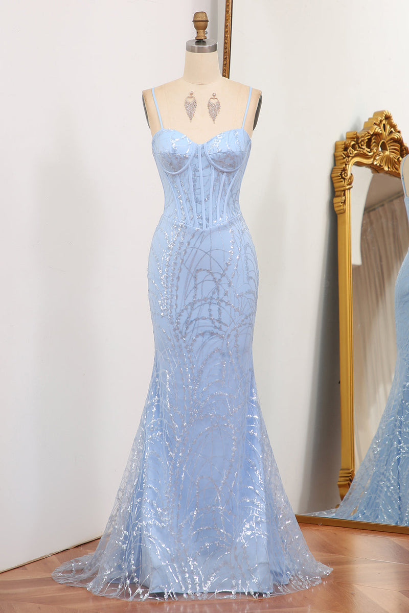 Load image into Gallery viewer, Glitter Light Blue Mermaid Long Formal Dress With Sequined Appliques