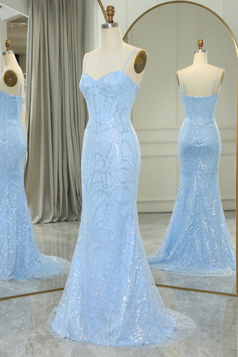 Sparkly Light Blue Mermaid Long Formal Dress With Sequined Appliques