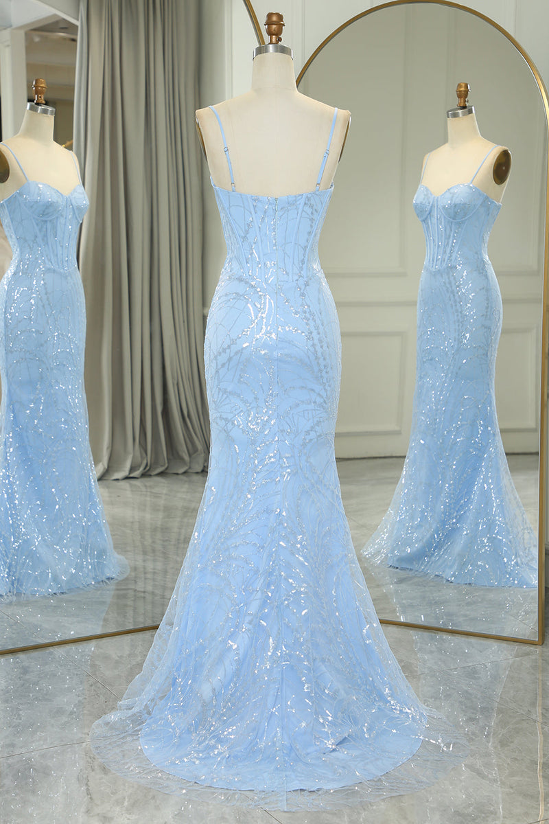 Load image into Gallery viewer, Sparkly Light Blue Mermaid Long Formal Dress With Sequined Appliques