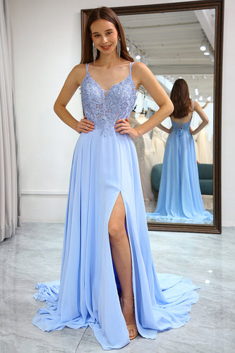 A-Line Chiffon Lavender Beaded Formal Dress with Slit