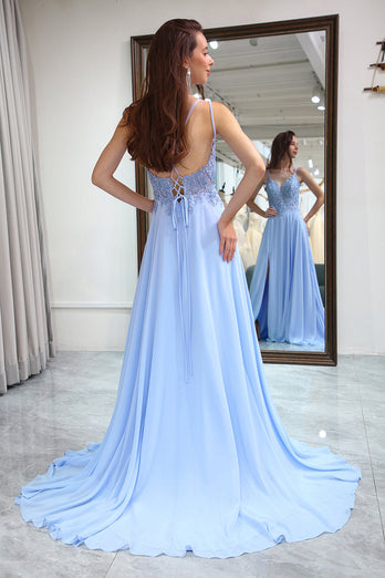 A-Line Chiffon Lavender Beaded Formal Dress with Slit