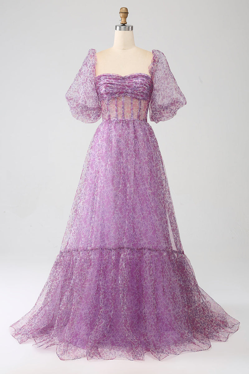 Load image into Gallery viewer, A-Line Square Neck Purple Corset Formal Dress with Half Sleeves