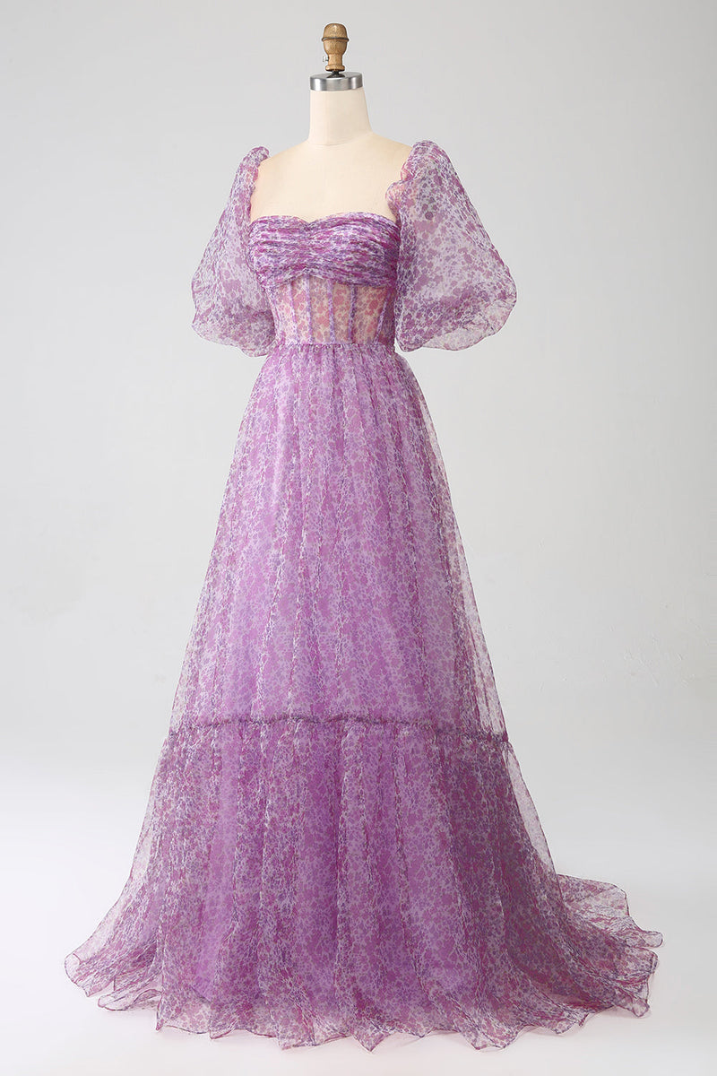 Load image into Gallery viewer, A-Line Square Neck Purple Corset Formal Dress with Half Sleeves