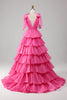 Load image into Gallery viewer, Princess A-Line V-Neck Fuchsia Formal Dress With Slit