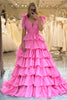 Load image into Gallery viewer, Hot Pink A Line V Neck Long Tiered Formal Dress