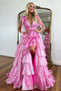 Load image into Gallery viewer, Glitter Hot Pink A Line V Neck Backless Long Tiered Formal Dress with Slit