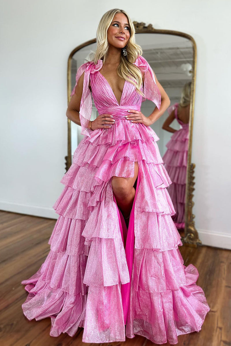 Load image into Gallery viewer, Glitter Hot Pink A Line V Neck Backless Long Tiered Formal Dress with Slit