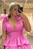 Load image into Gallery viewer, Hot Pink A Line V Neck Long Tiered Formal Dress