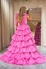 Load image into Gallery viewer, Hot Pink A Line V Neck Long Tiered Formal Dress