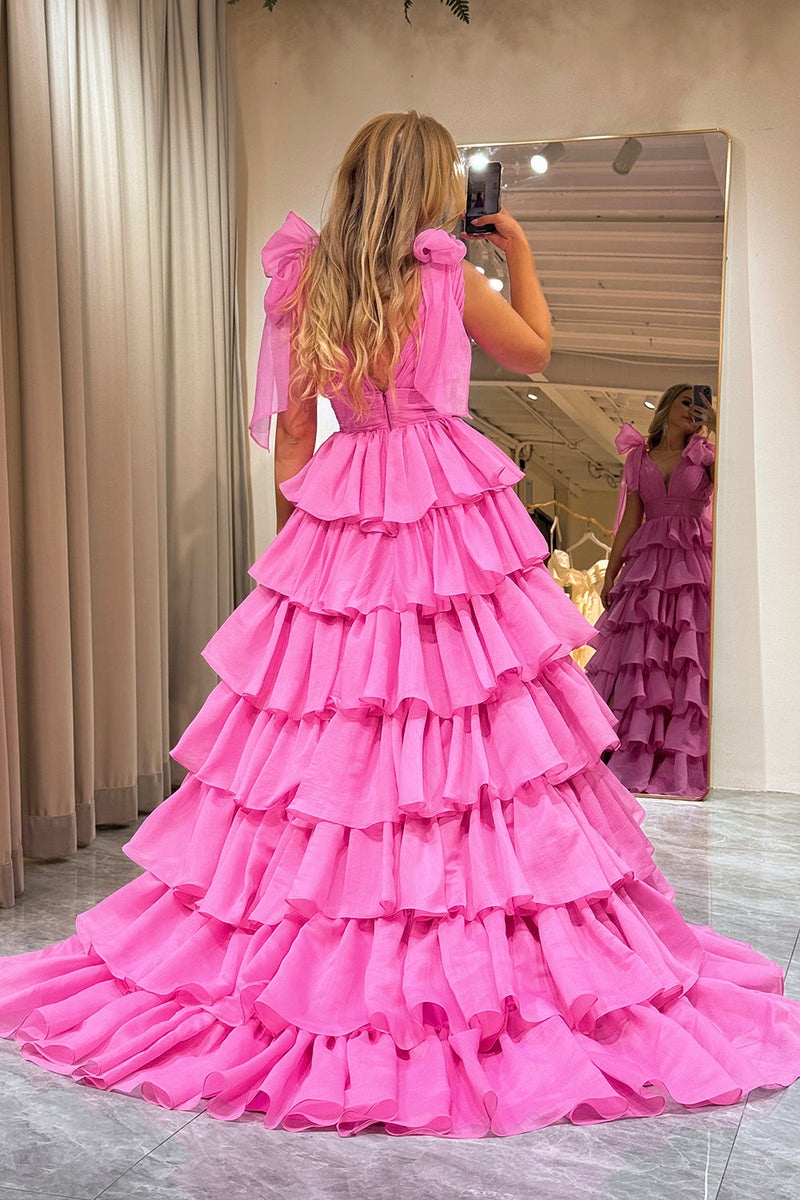 Load image into Gallery viewer, Hot Pink A Line V Neck Long Tiered Formal Dress