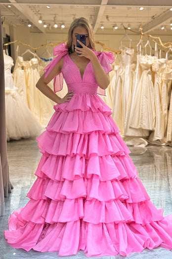 Hot Pink A Line V Neck Long Tiered Formal Dress